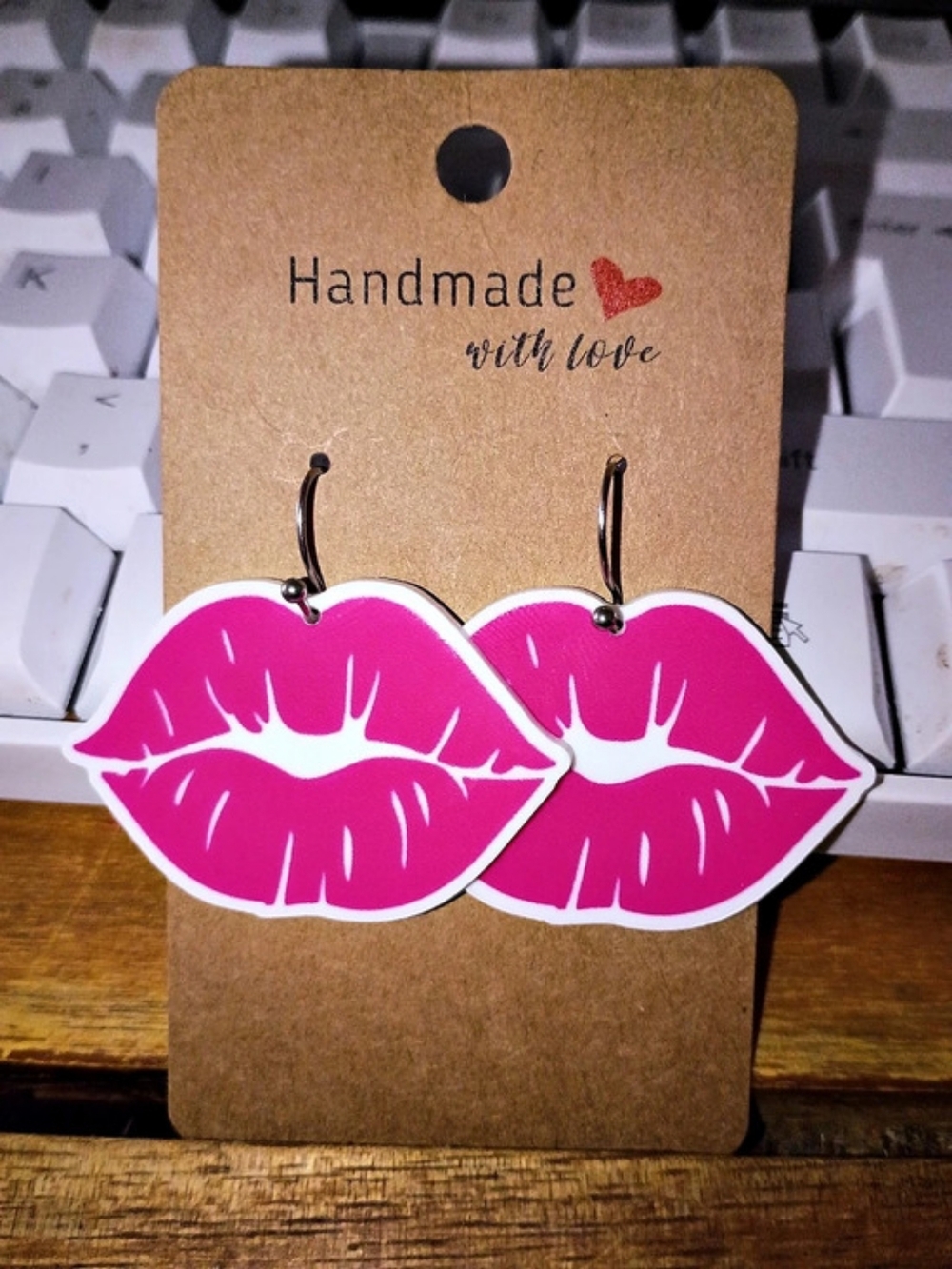 Feminine Pink & White Lipstick Makeup Lips Fashion Earrings